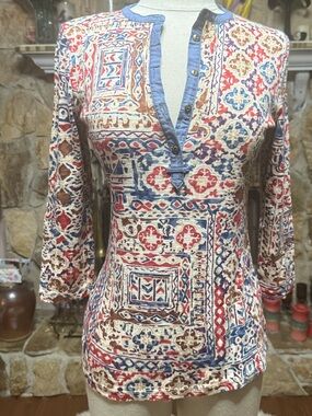 Ralph Lauren Multicolor Printed Henley Tunic — Red, Blue & Brown